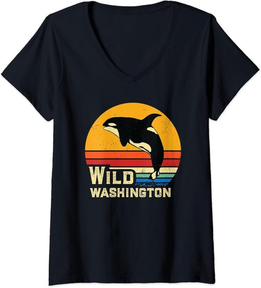 Womens Washington State Retro Orca Whale Shirt Killer Whale Shirt V-Neck T-Shirt