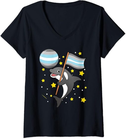 Womens Orca In Space Demiboy Pride V-Neck T-Shirt