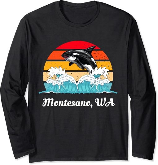 Vintage Montesano WA Distressed Orca Killer Whale Art Long Sleeve T-Shirt