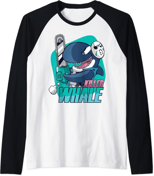 Funny Killer Whale with a Hockey Mask Halloween Costume Tee Raglan Baseball Tee